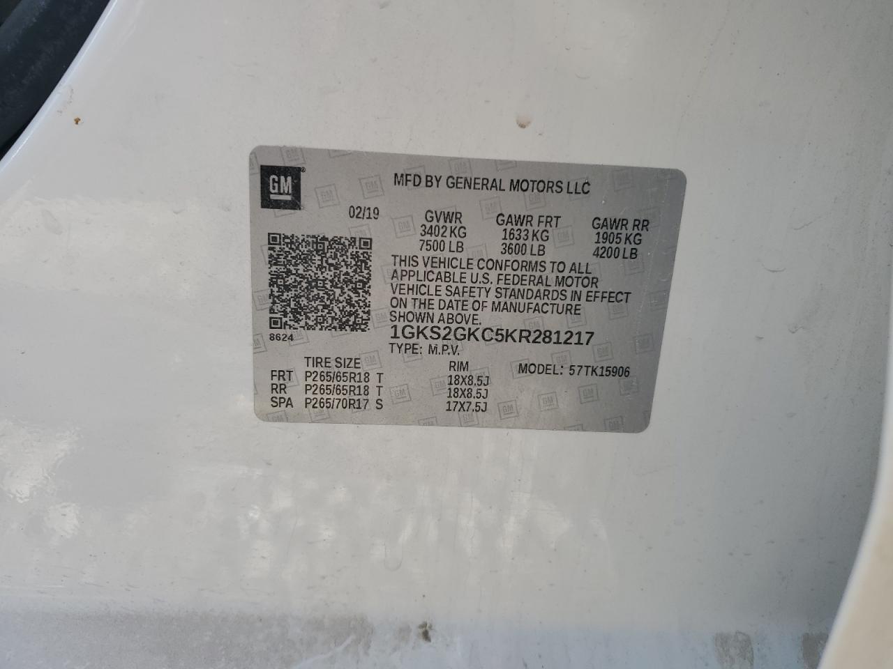 VIN 1GKS2GKC5KR281217 2019 GMC YUKON no.14