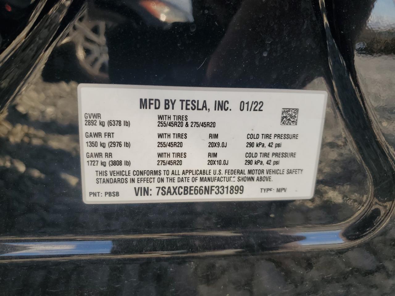 2022 Tesla Model X VIN: 7SAXCBE66NF331899 Lot: 85465784