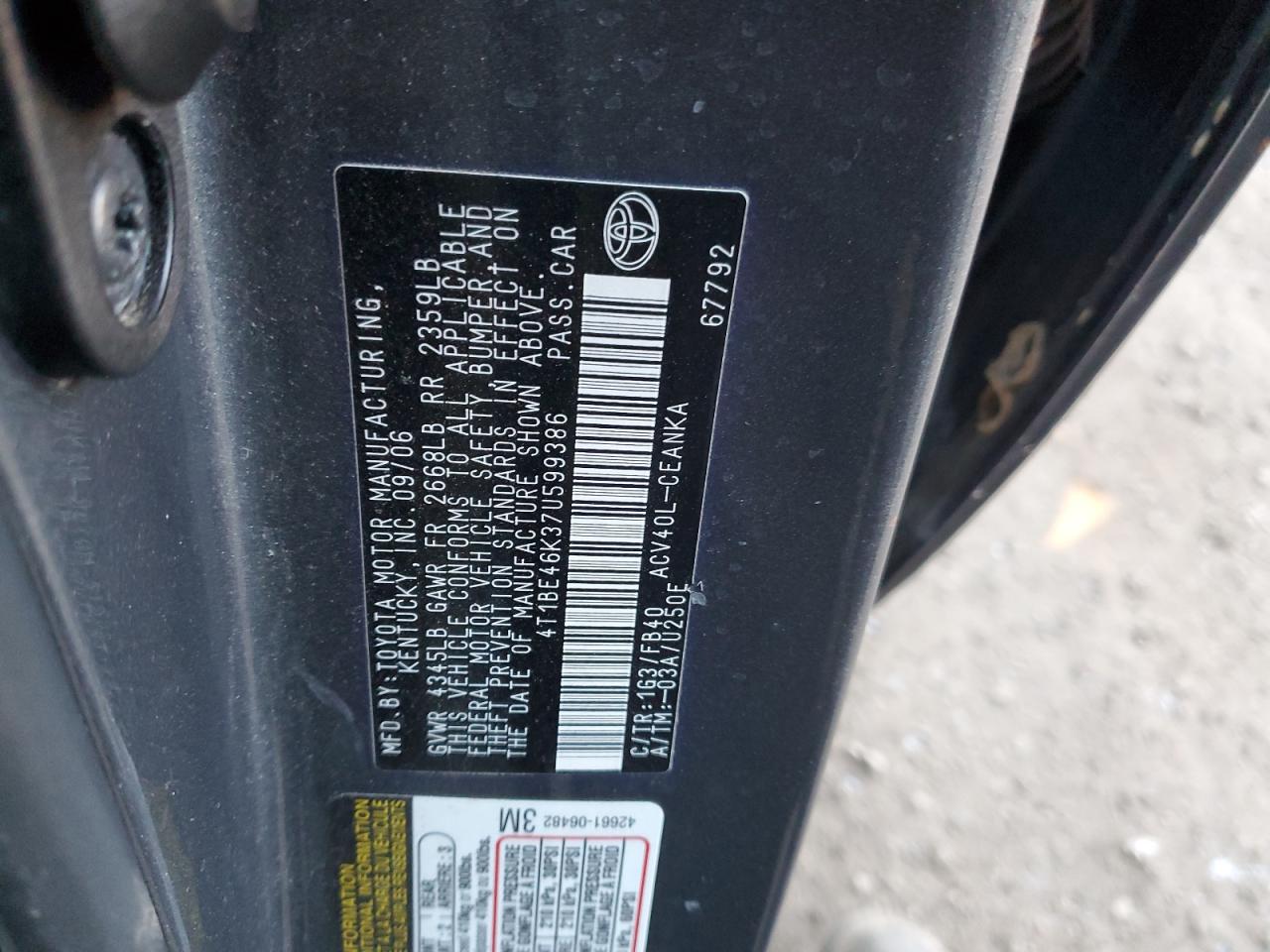 2007 Toyota Camry Ce VIN: 4T1BE46K37U599386 Lot: 82354734