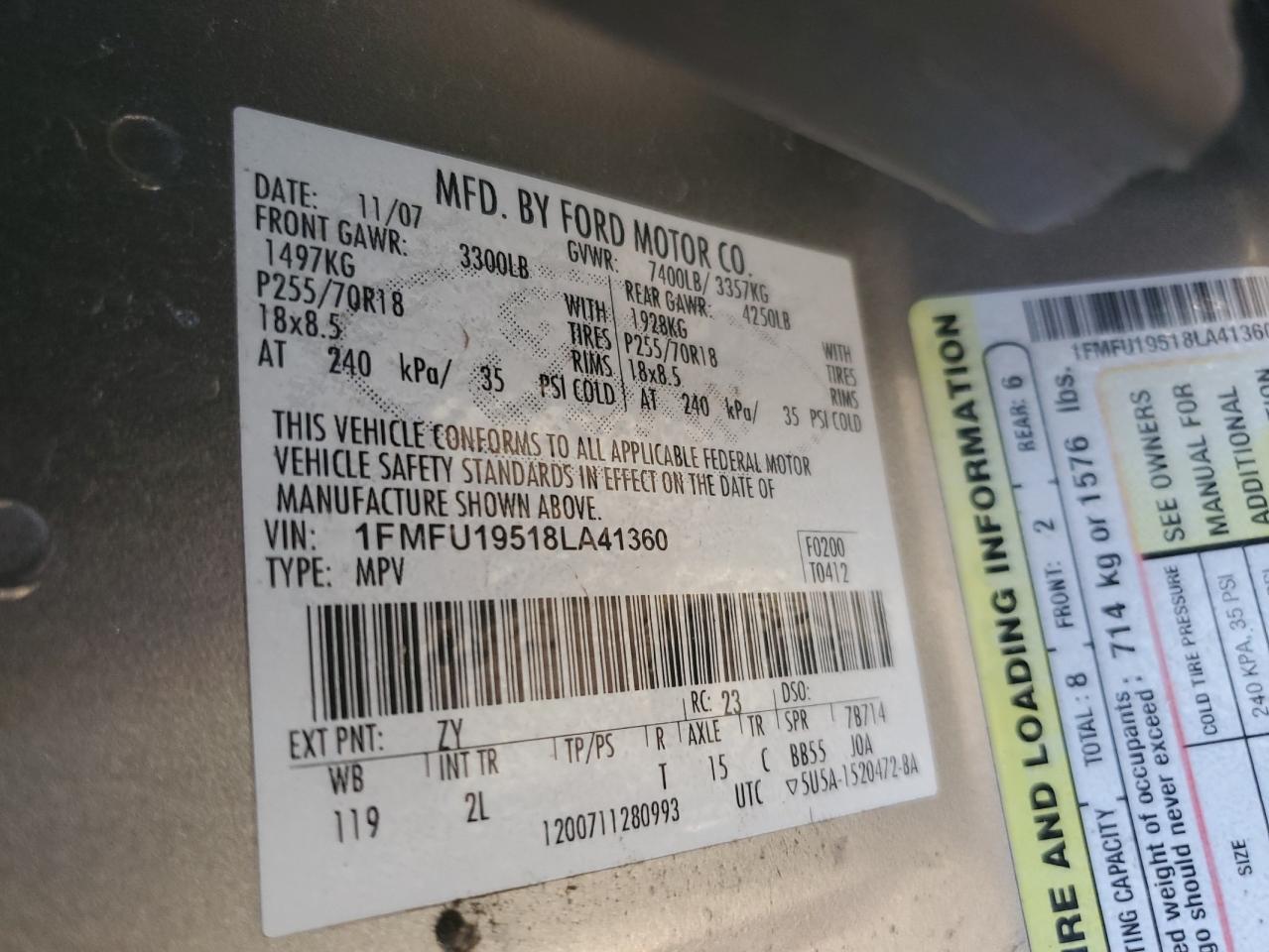 2008 Ford Expedition Limited VIN: 1FMFU19518LA41360 Lot: 86974284