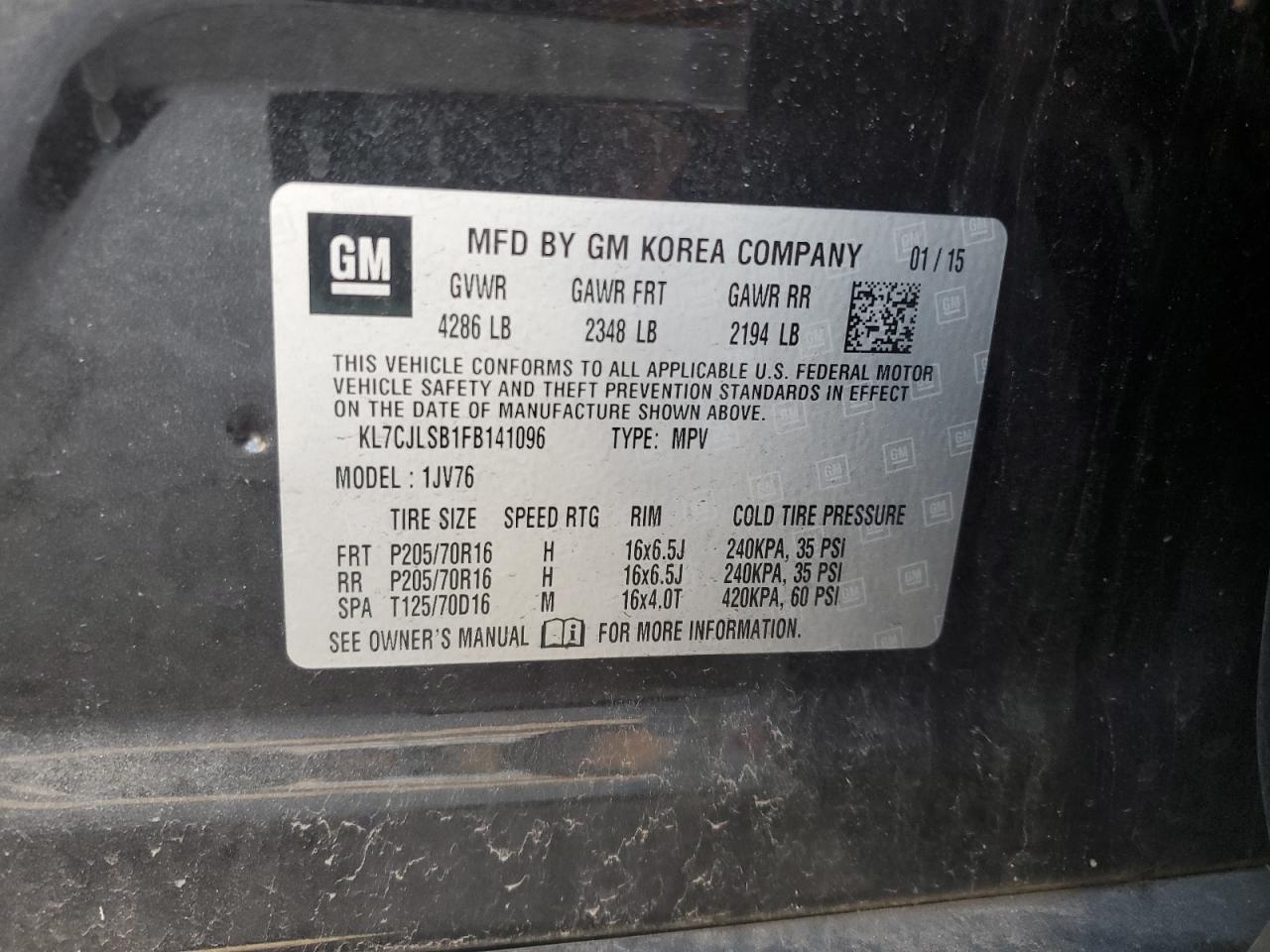 2015 Chevrolet Trax 1Lt VIN: KL7CJLSB1FB141096 Lot: 85543924