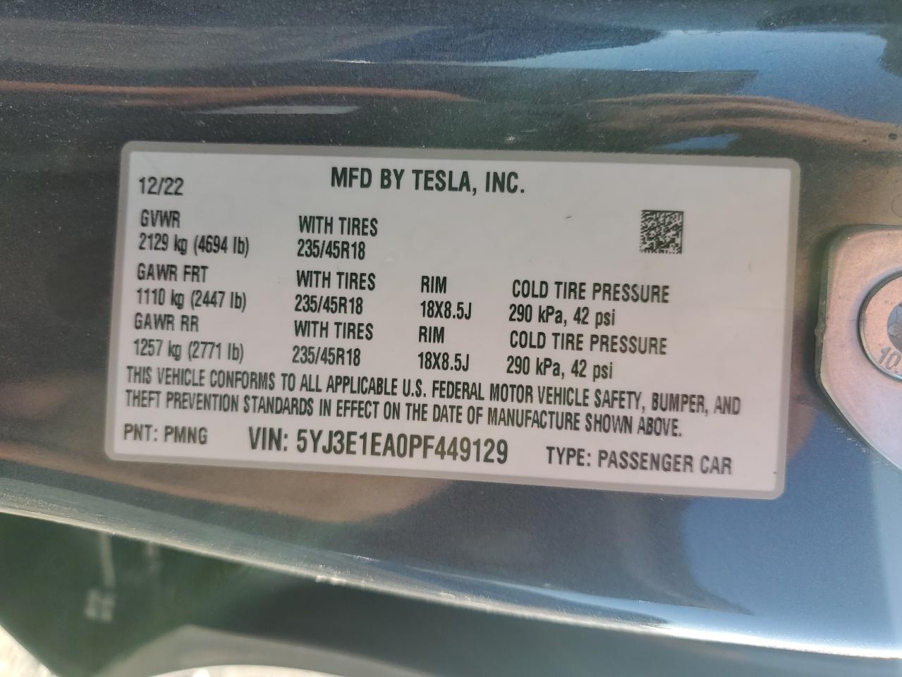 2023 Tesla Model 3 VIN: 5YJ3E1EA0PF449129 Lot: 85314064