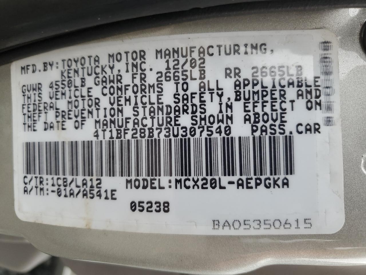 2003 Toyota Avalon Xl VIN: 4T1BF28B73U307540 Lot: 86967764