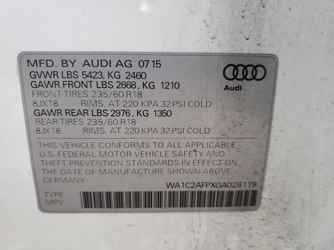 2016 Audi Q5 Premium VIN: WA1C2AFPXGA026119 Lot: 86314544