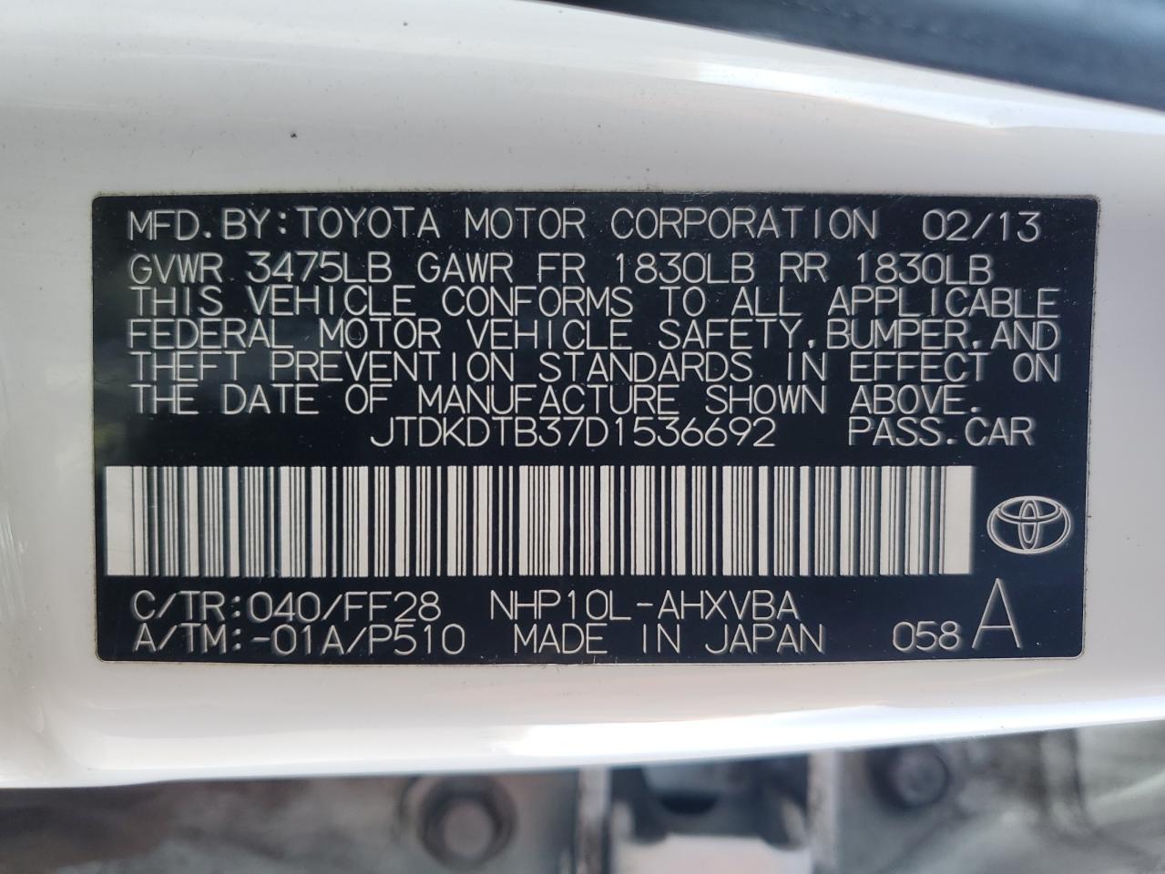 VIN JTDKDTB37D1536692 2013 TOYOTA PRIUS no.12