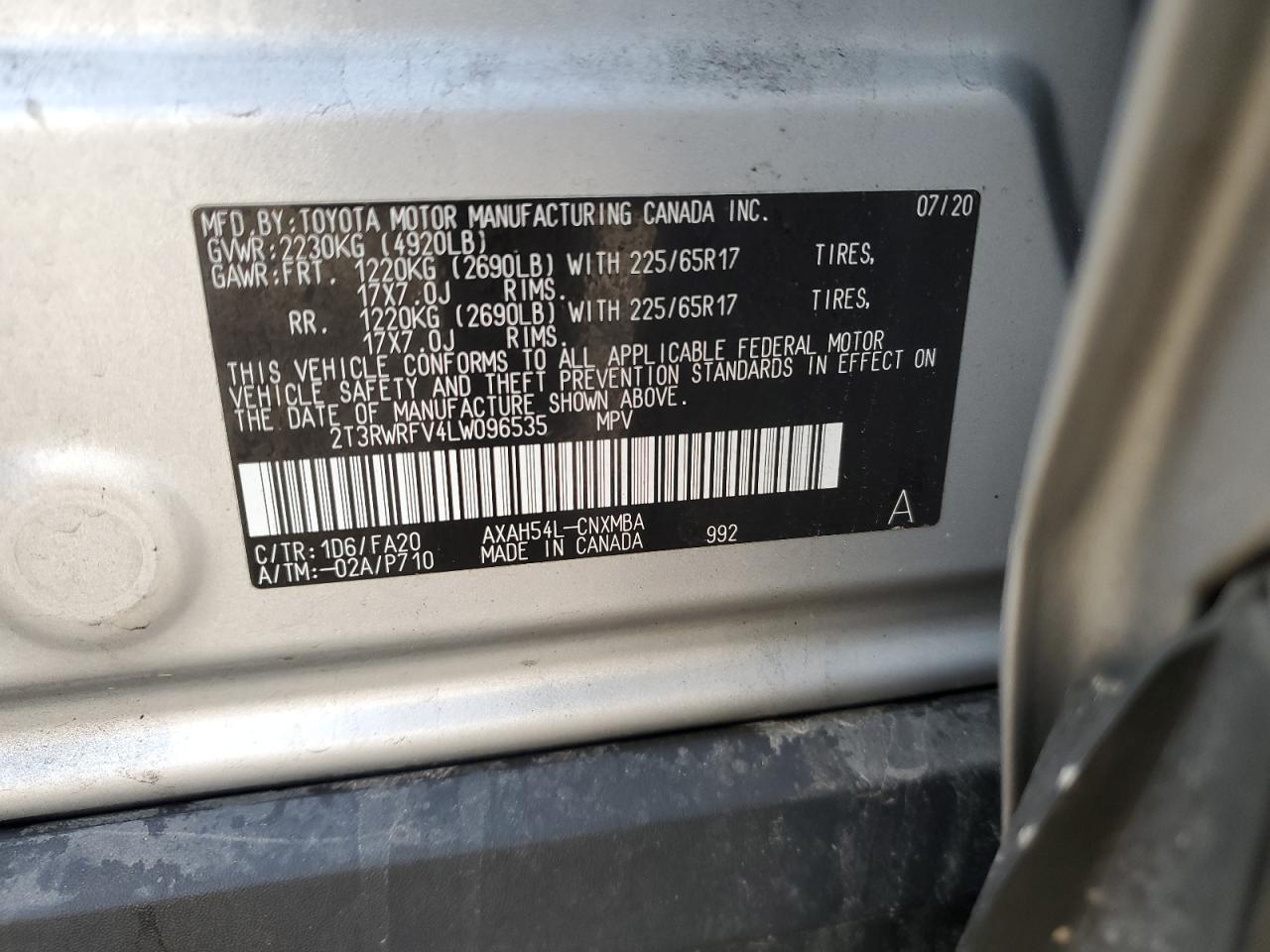 2020 Toyota Rav4 Xle VIN: 2T3RWRFV4LW096535 Lot: 83340074