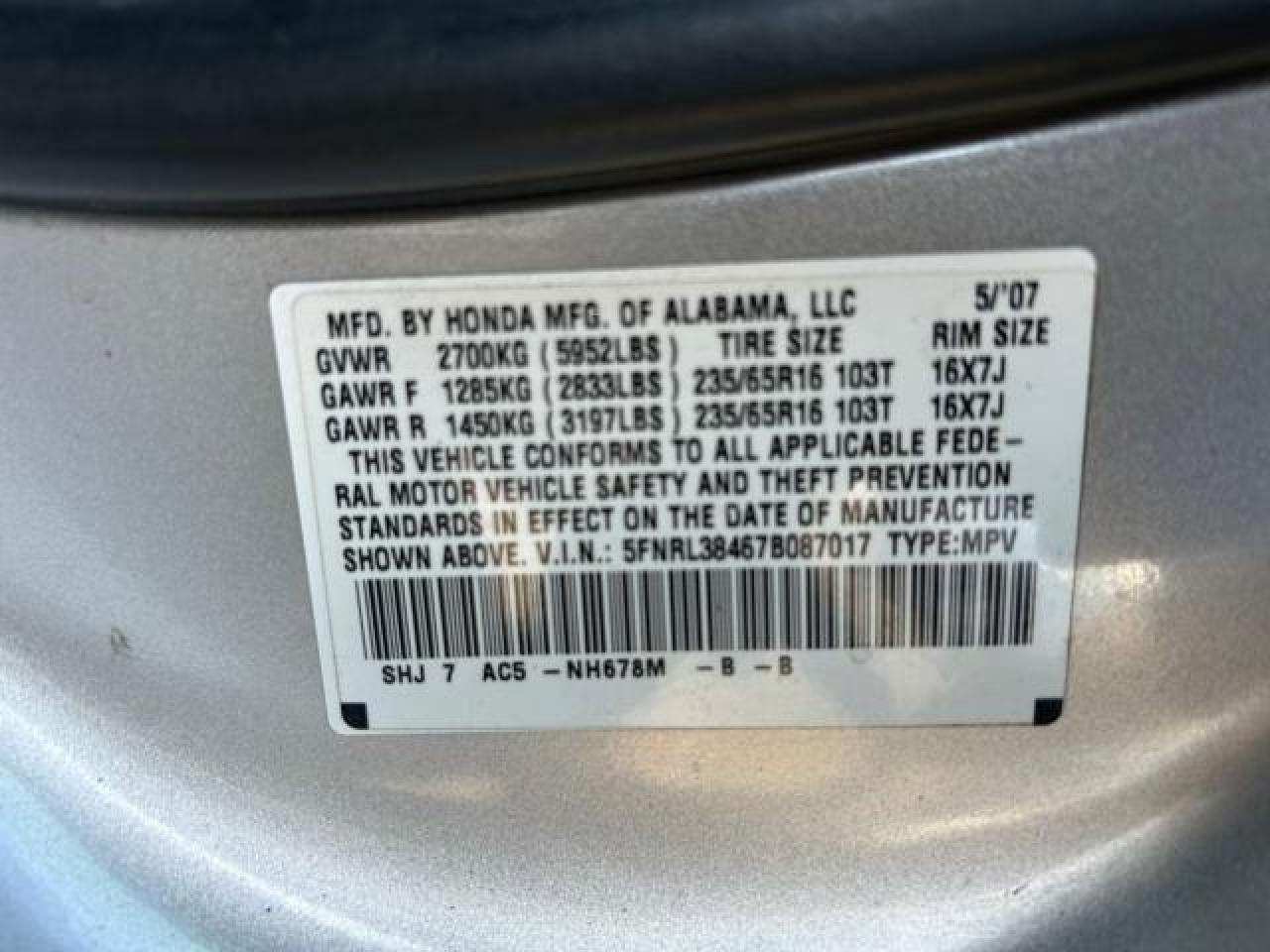 2007 Honda Odyssey Ex VIN: 5FNRL38467B087017 Lot: 84759714
