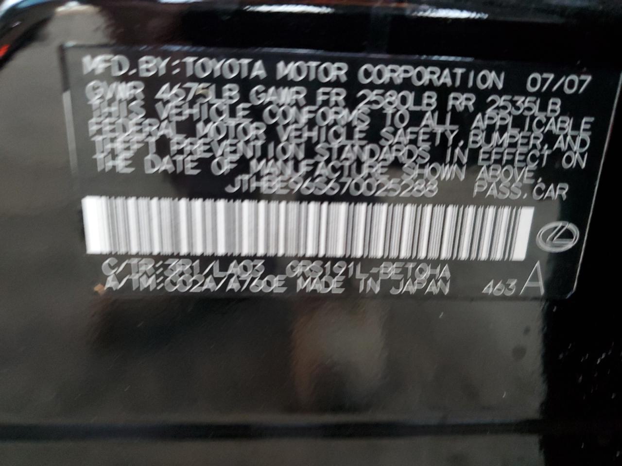 2007 Lexus Gs 350 VIN: JTHBE96S670025288 Lot: 86661034