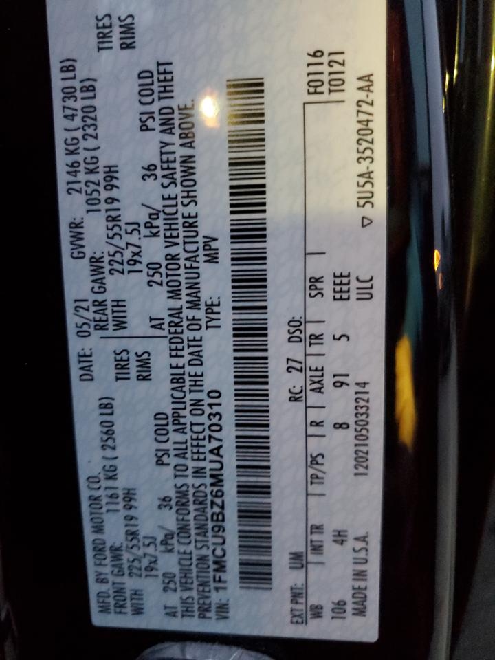 2021 Ford Escape Se VIN: 1FMCU9BZ6MUA70310 Lot: 85489994
