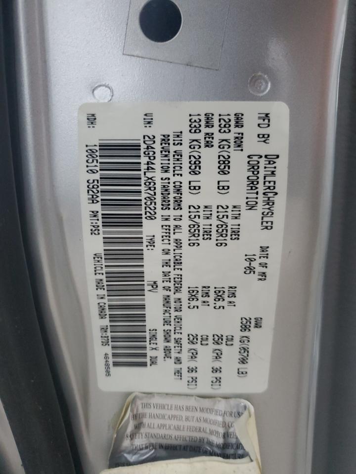 2006 Dodge Grand Caravan Sxt VIN: 2D4GP44LX6R705220 Lot: 85044214
