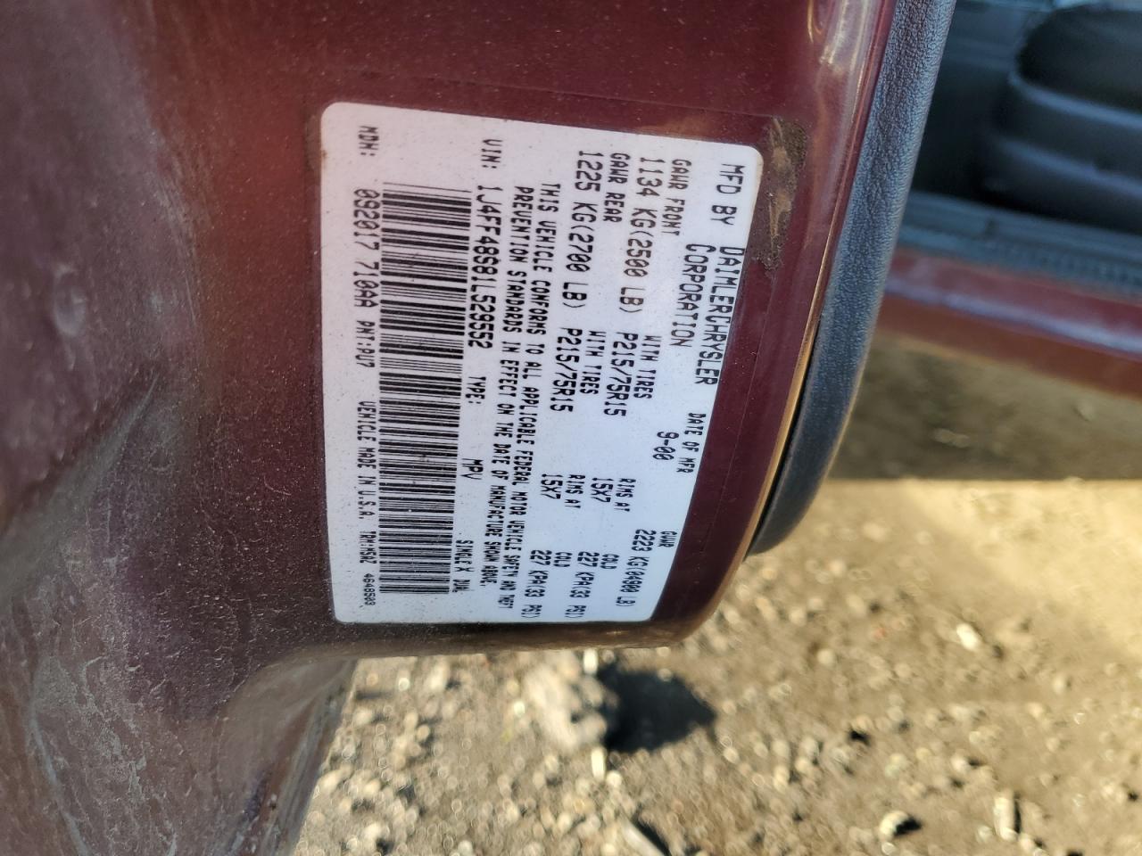 2001 Jeep Cherokee Sport VIN: 1J4FF48S81L529552 Lot: 85464564