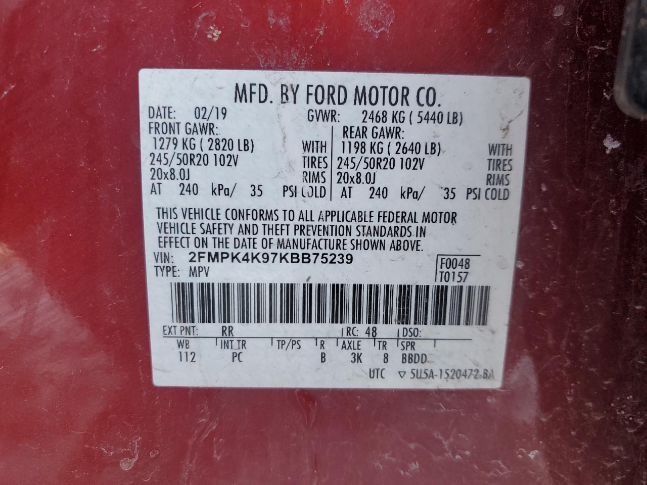 VIN 2FMPK4K97KBB75239 2019 FORD EDGE no.13