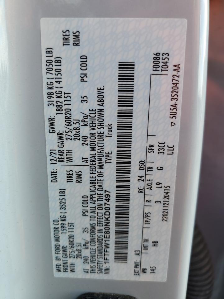 2022 Ford F150 Supercrew VIN: 1FTFW1E80NKD07497 Lot: 85037454