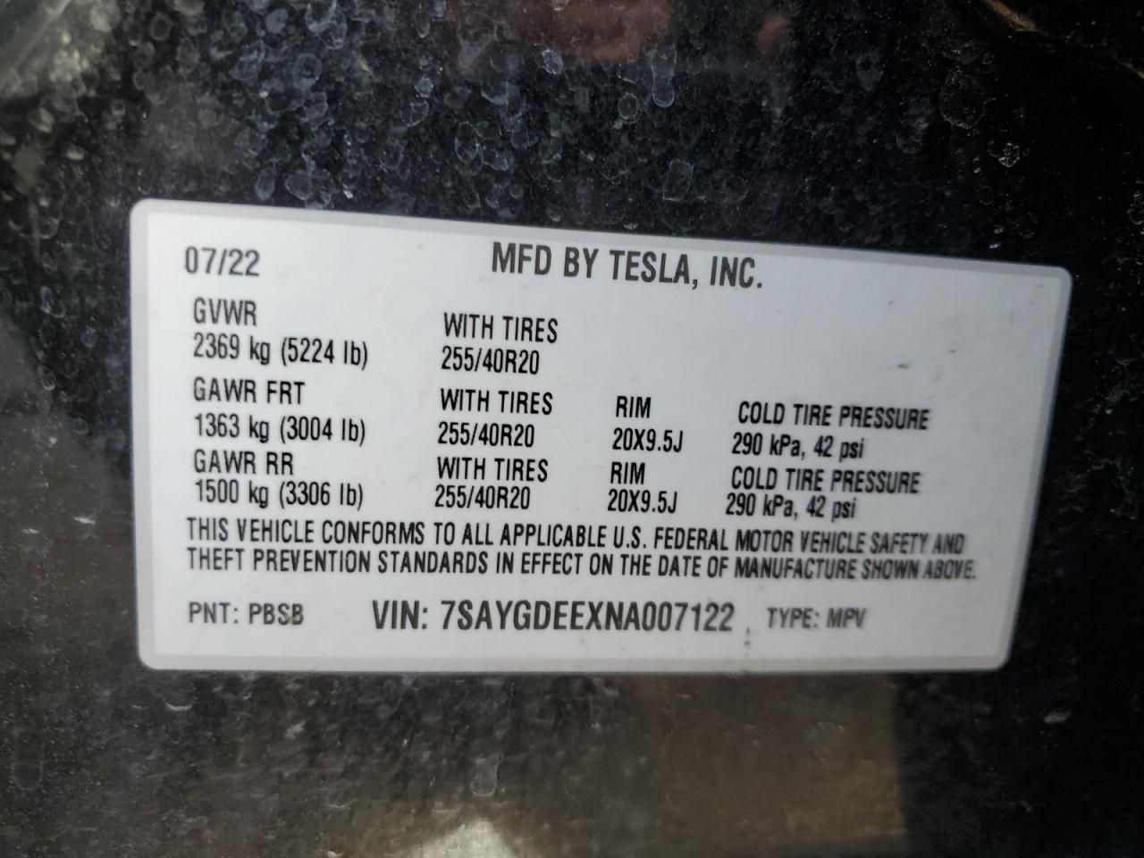 2022 Tesla Model Y VIN: 7SAYGDEEXNA007122 Lot: 85594724