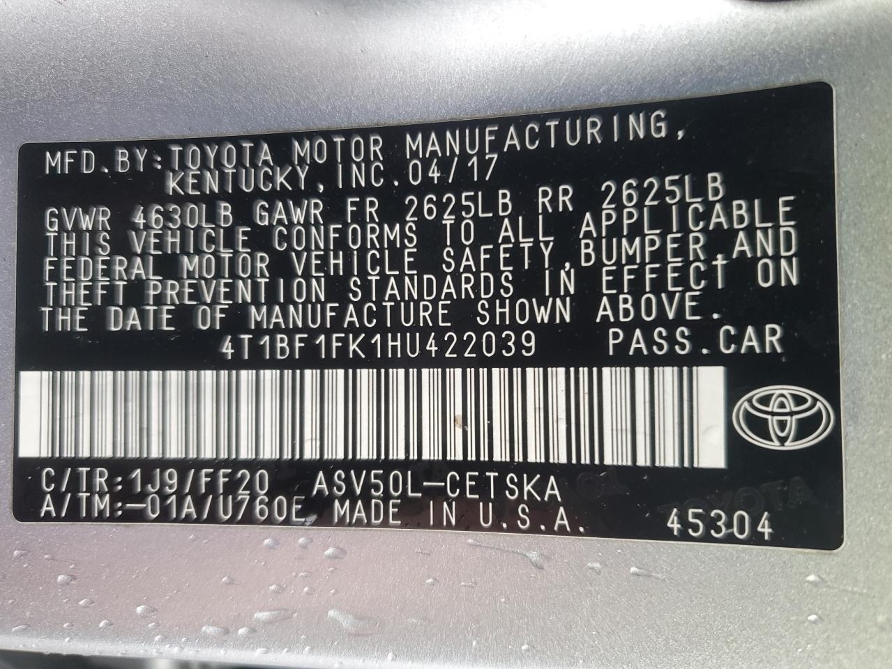 VIN 4T1BF1FK1HU422039 2017 TOYOTA CAMRY no.13