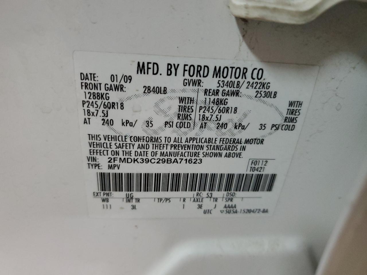 2009 Ford Edge Limited VIN: 2FMDK39C29BA71623 Lot: 85961224