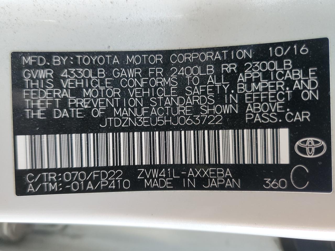 VIN JTDZN3EU5HJ063722 2017 TOYOTA PRIUS no.13