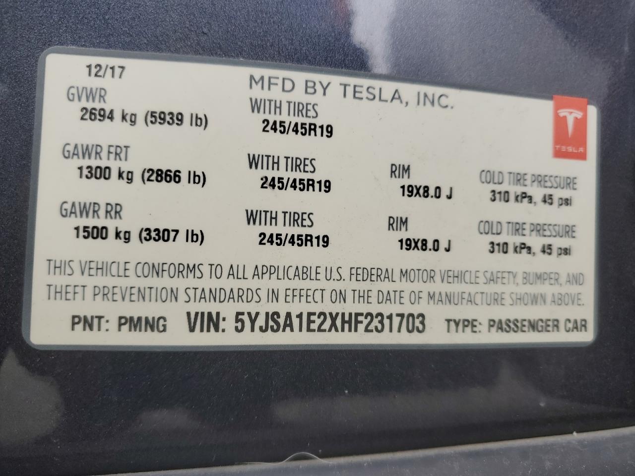 VIN 5YJSA1E2XHF231703 2017 TESLA MODEL S no.12