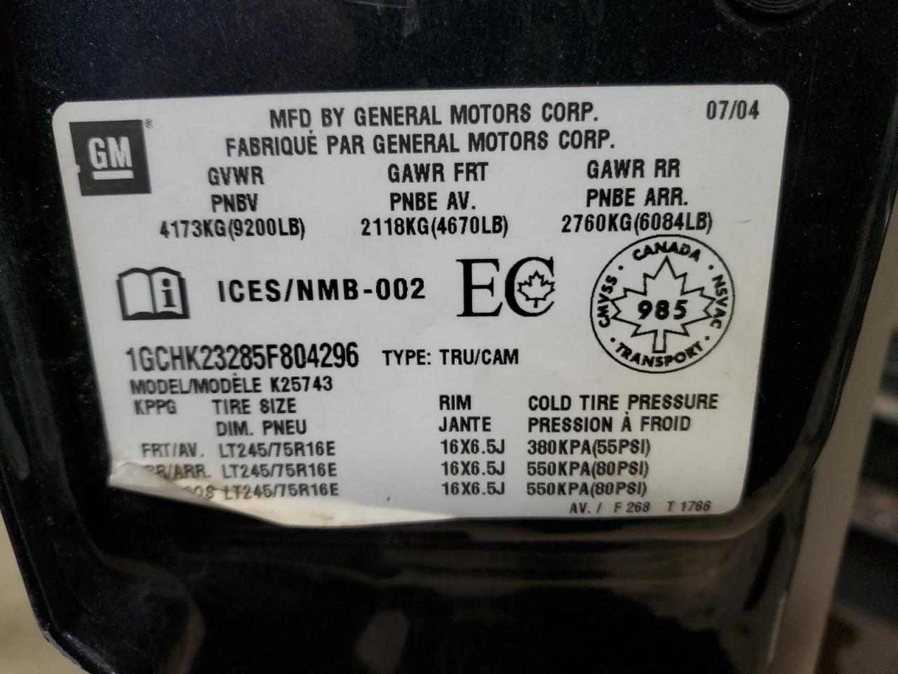 2005 Chevrolet Silverado K2500 Heavy Duty VIN: 1GCHK23285F804296 Lot: 86400924