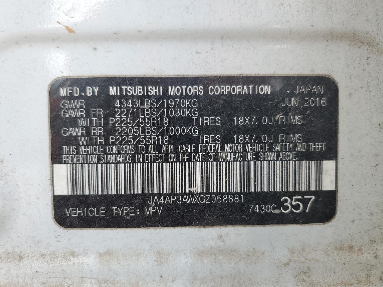 VIN JA4AP3AWXGZ058881 2016 MITSUBISHI OUTLANDER no.12