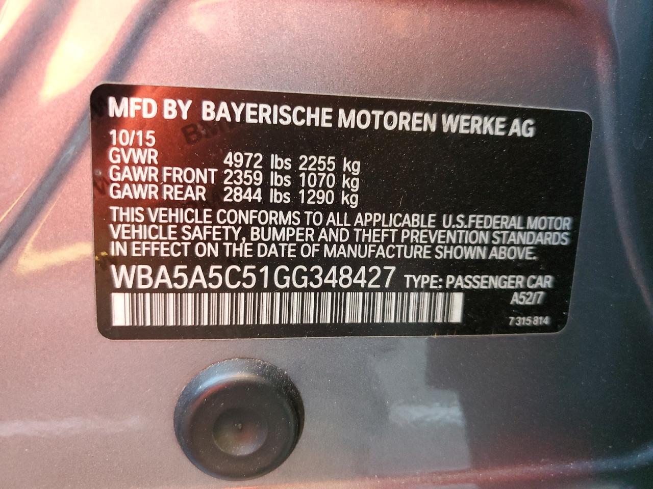 VIN WBA5A5C51GG348427 2016 BMW 5 SERIES no.13