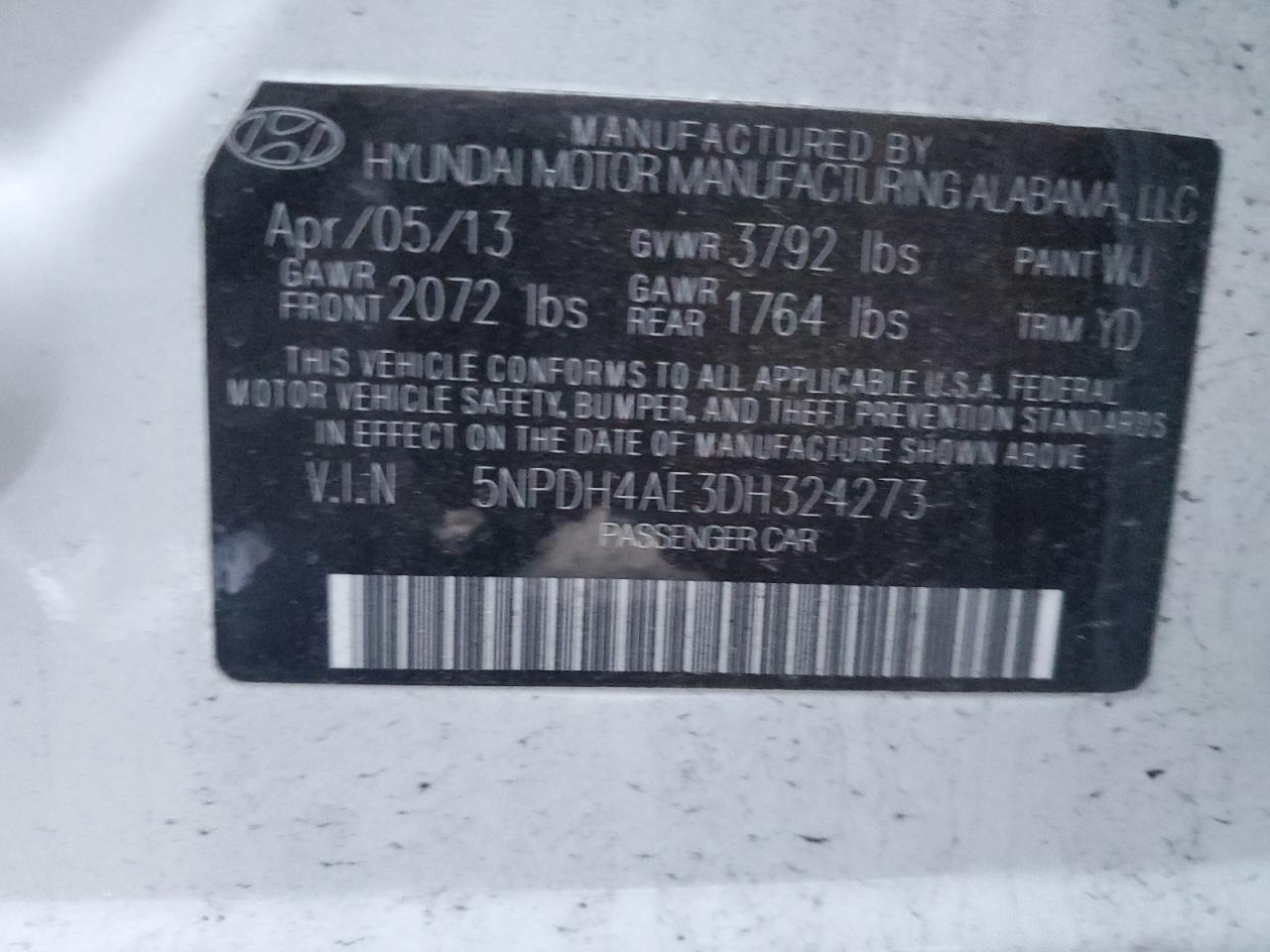 2013 Hyundai Elantra Gls VIN: 5NPDH4AE3DH324273 Lot: 85487974