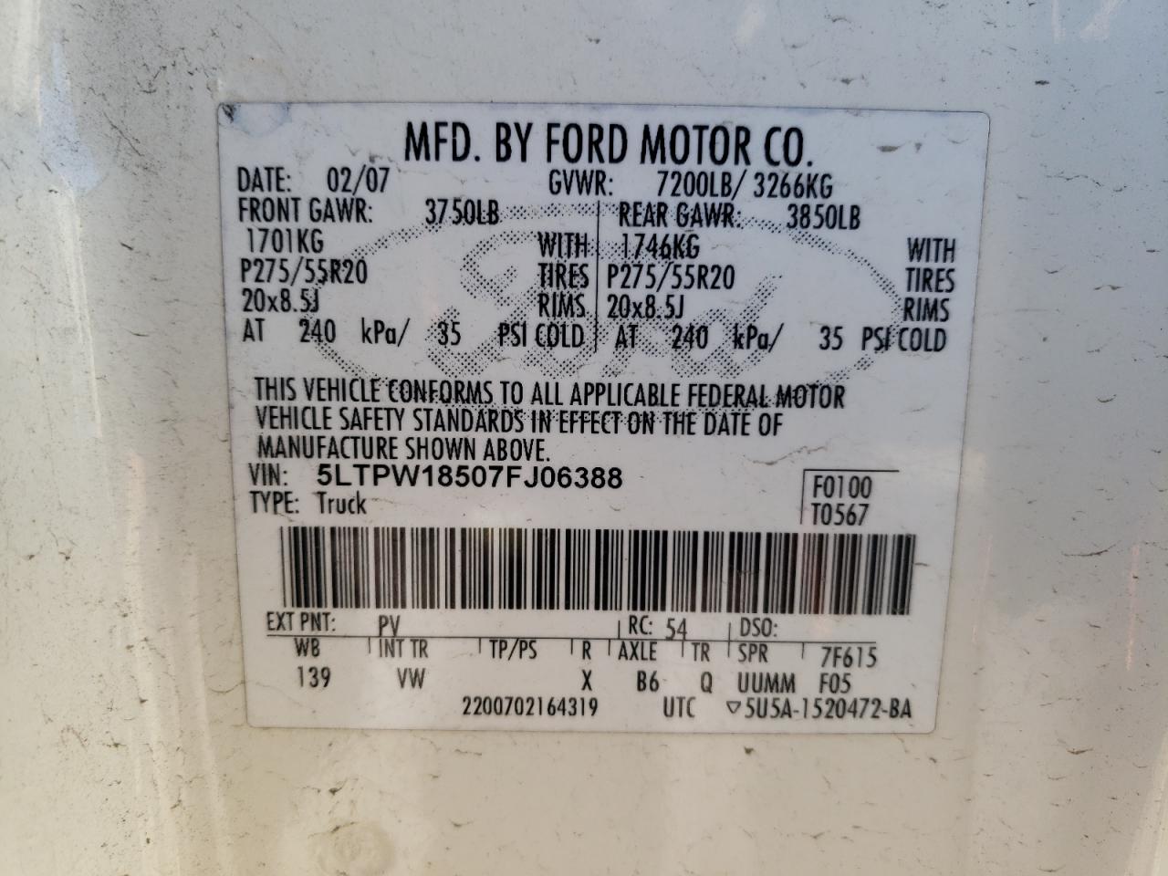 2007 Lincoln Mark Lt VIN: 5LTPW18507FJ06388 Lot: 84194894