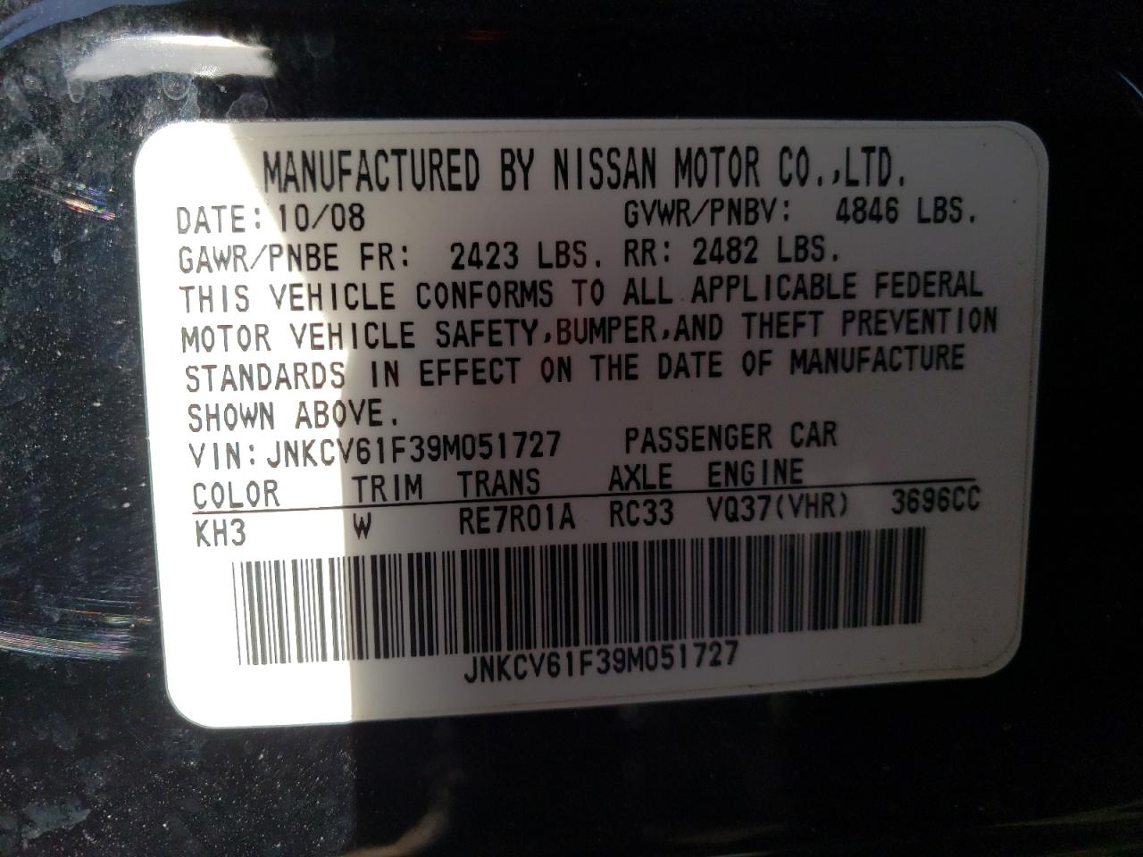 2009 Infiniti G37 VIN: JNKCV61F39M051727 Lot: 86847244