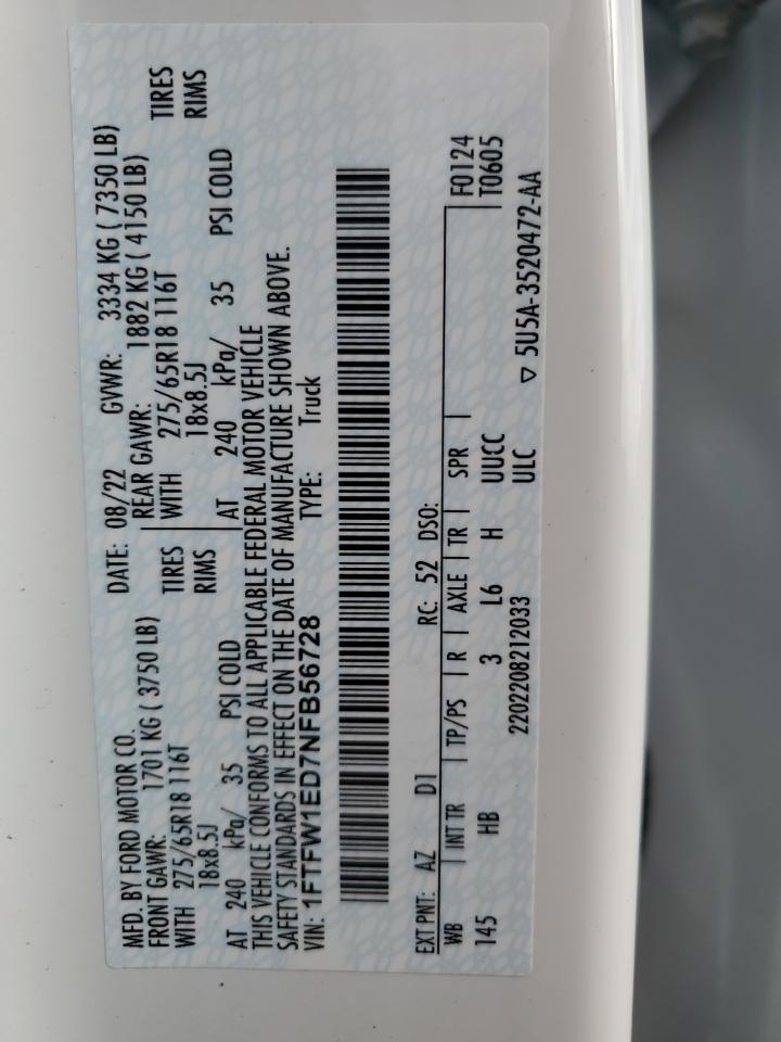 2022 Ford F150 Supercrew VIN: 1FTFW1ED7NFB56728 Lot: 84835214