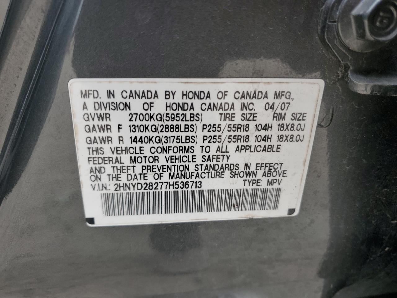 2007 Acura Mdx VIN: 2HNYD28277H536713 Lot: 83668874