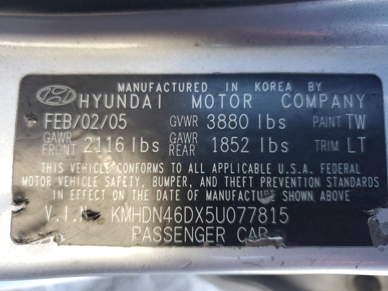 2005 Hyundai Elantra Gls VIN: KMHDN46DX5U077815 Lot: 85510744