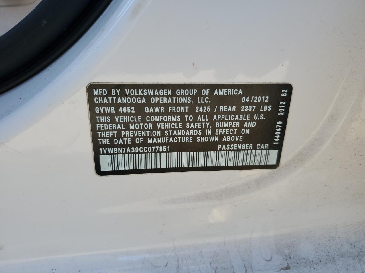 2012 Volkswagen Passat Se VIN: 1VWBN7A39CC077851 Lot: 83073244