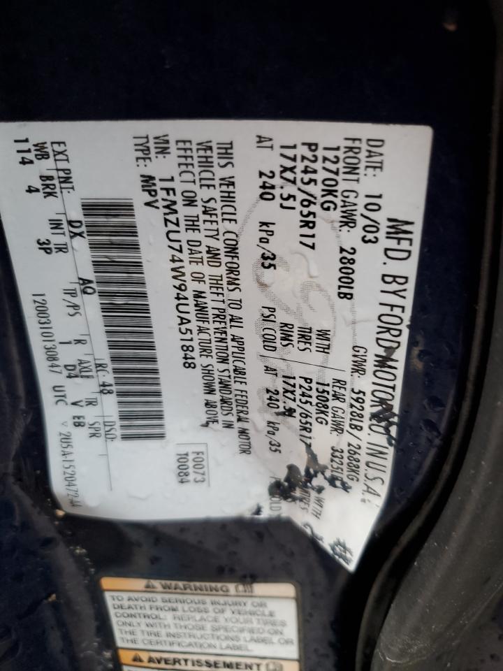 2004 Ford Explorer Eddie Bauer VIN: 1FMZU74W94UA51848 Lot: 85119804