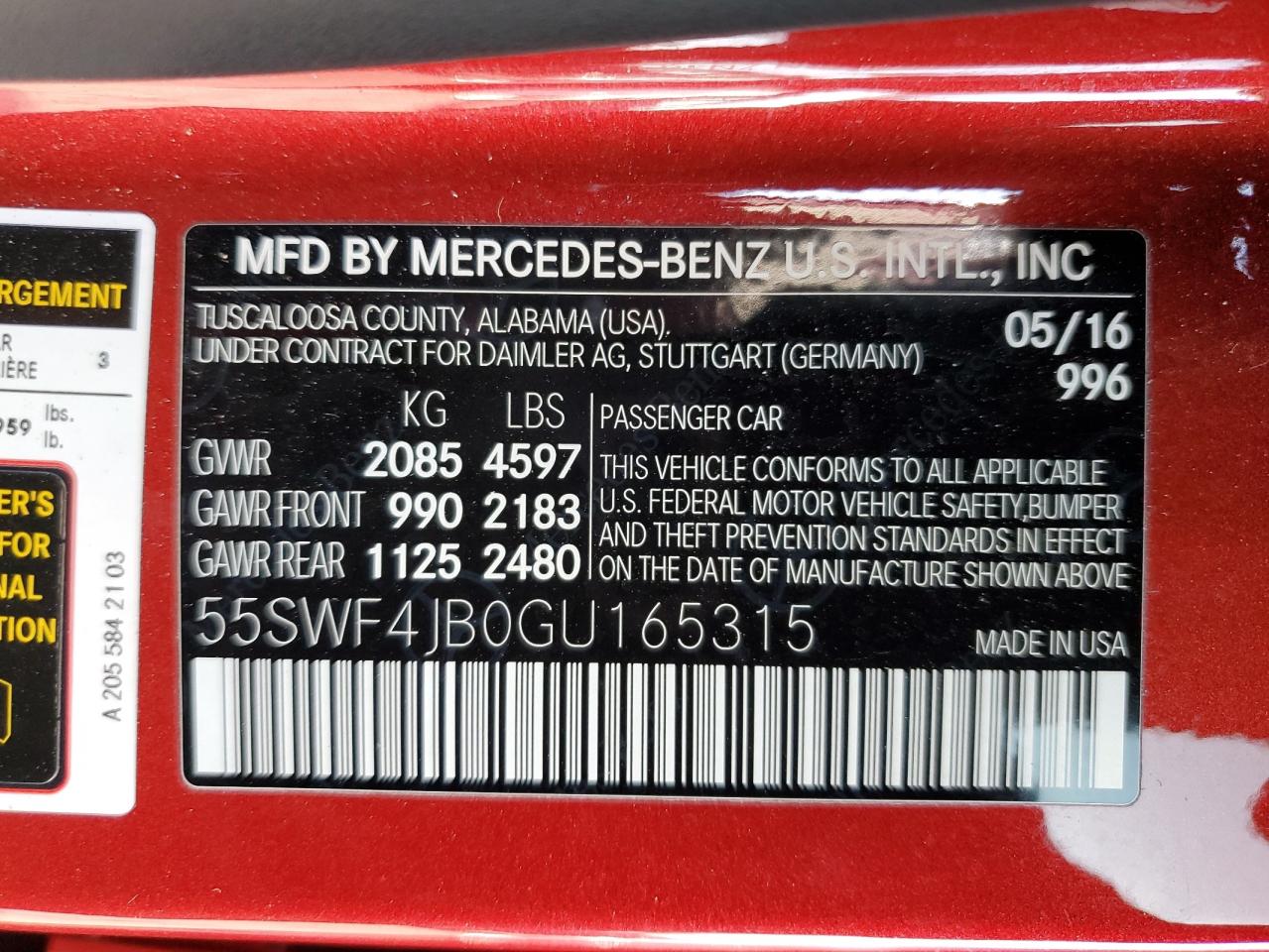 2016 Mercedes-Benz C 300 VIN: 55SWF4JB0GU165315 Lot: 84088224