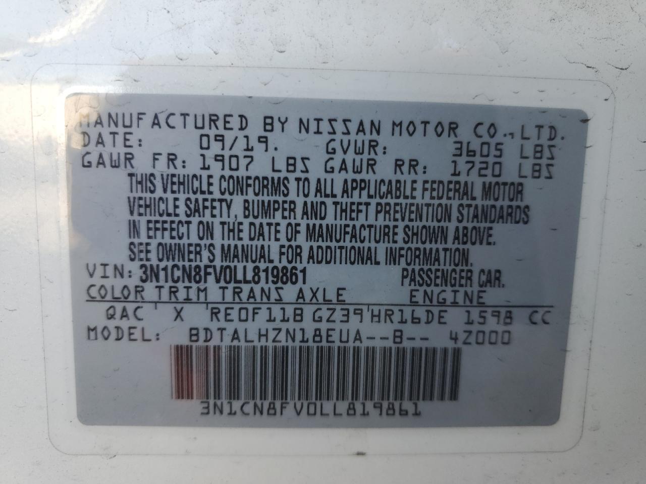 VIN 3N1CN8FV0LL819861 2020 NISSAN VERSA no.12