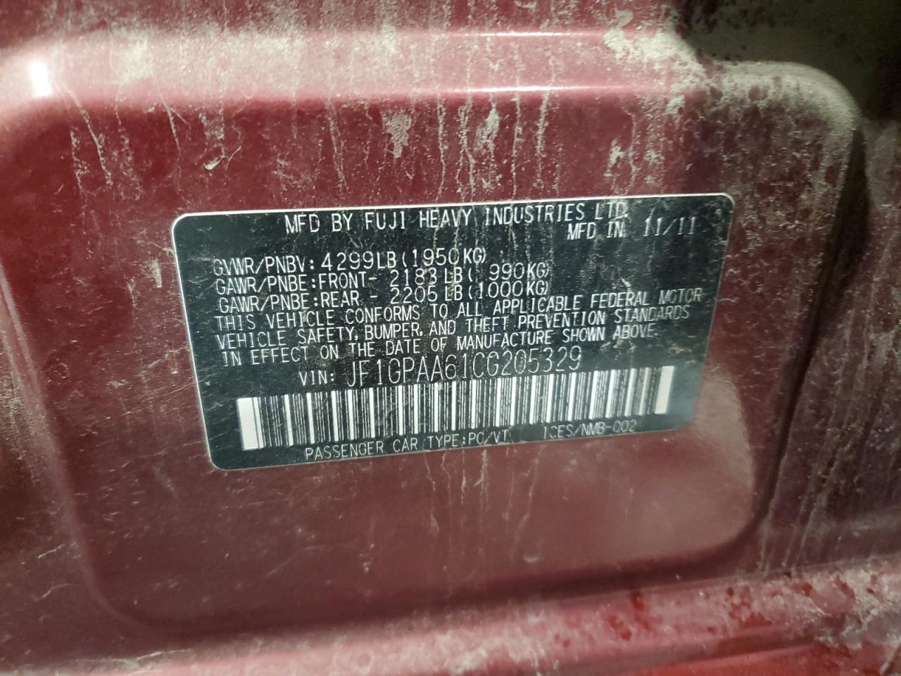 2012 Subaru Impreza VIN: JF1GPAA61CG205329 Lot: 85639714