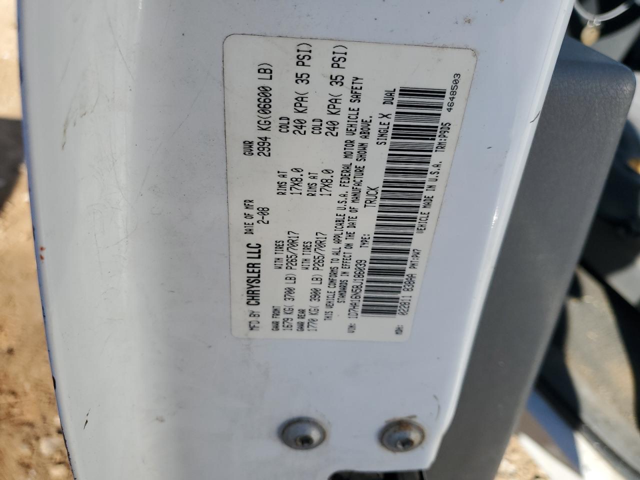 2008 Dodge Ram 1500 St VIN: 1D7HA16N58J186039 Lot: 86322464