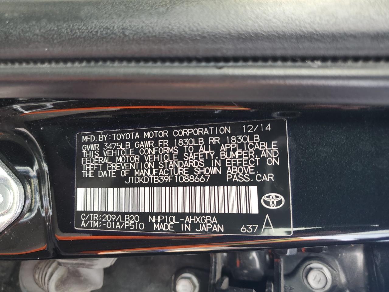 VIN JTDKDTB39F1088667 2015 TOYOTA PRIUS no.12