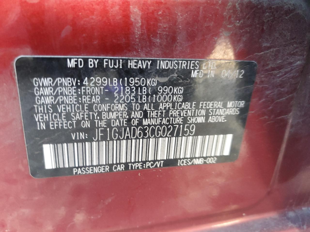 2012 Subaru Impreza Premium VIN: JF1GJAD63CG027159 Lot: 84273674