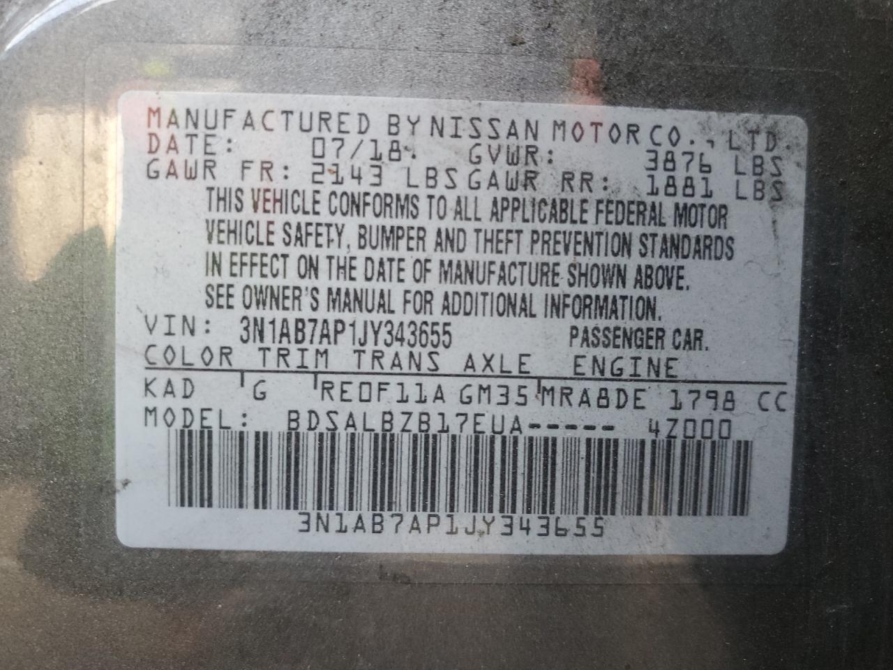 VIN 3N1AB7AP1JY343655 2018 NISSAN SENTRA no.13