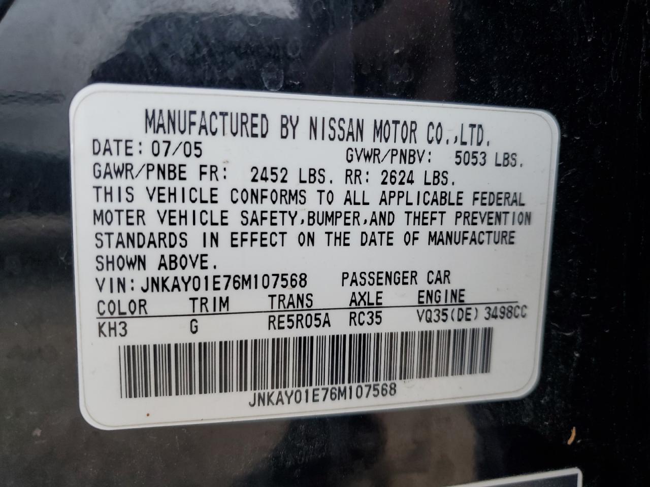 2006 Infiniti M35 Base VIN: JNKAY01E76M107568 Lot: 86430334