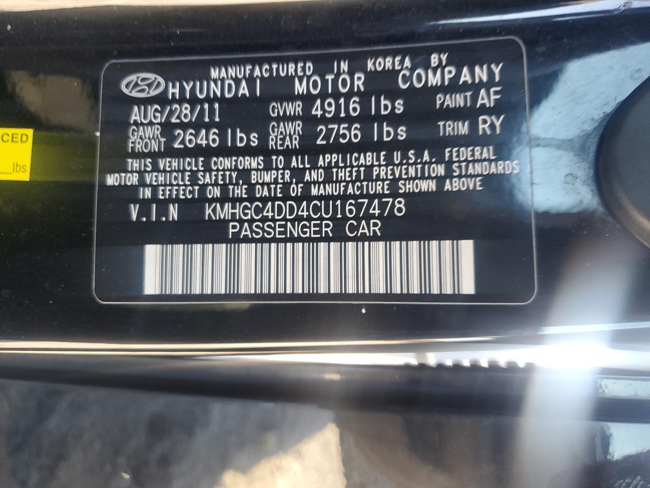 2012 Hyundai Genesis 3.8L VIN: KMHGC4DD4CU167478 Lot: 85677054