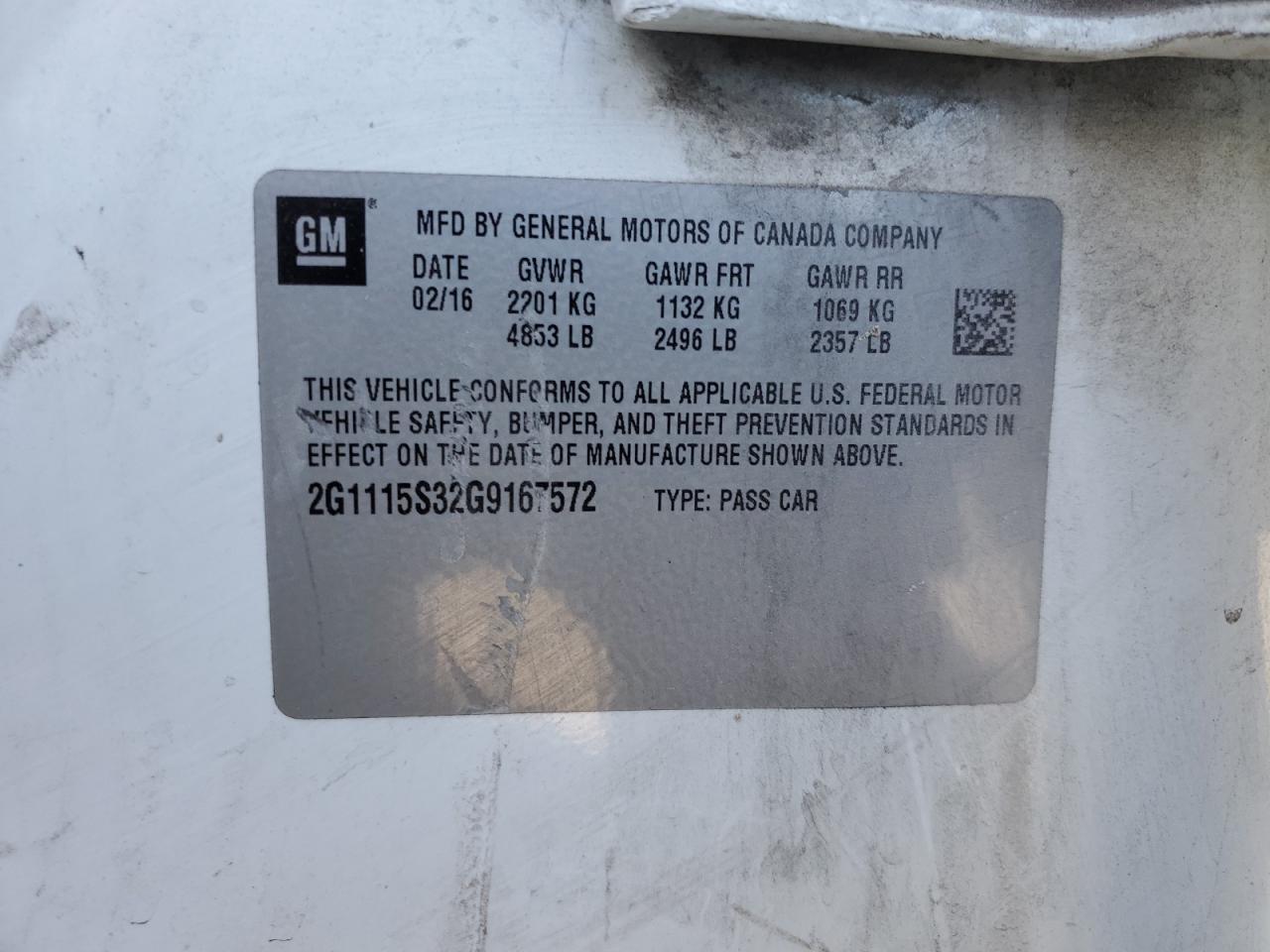 2016 Chevrolet Impala Lt VIN: 2G1115S32G9167572 Lot: 86759684