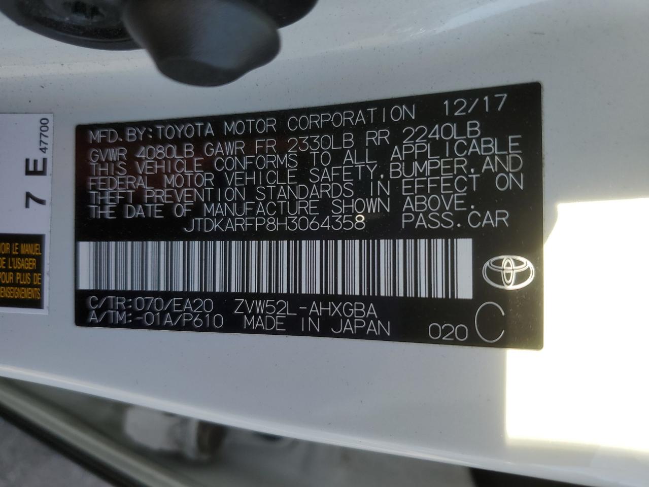 VIN JTDKARFP8H3064358 2017 TOYOTA PRIUS no.13