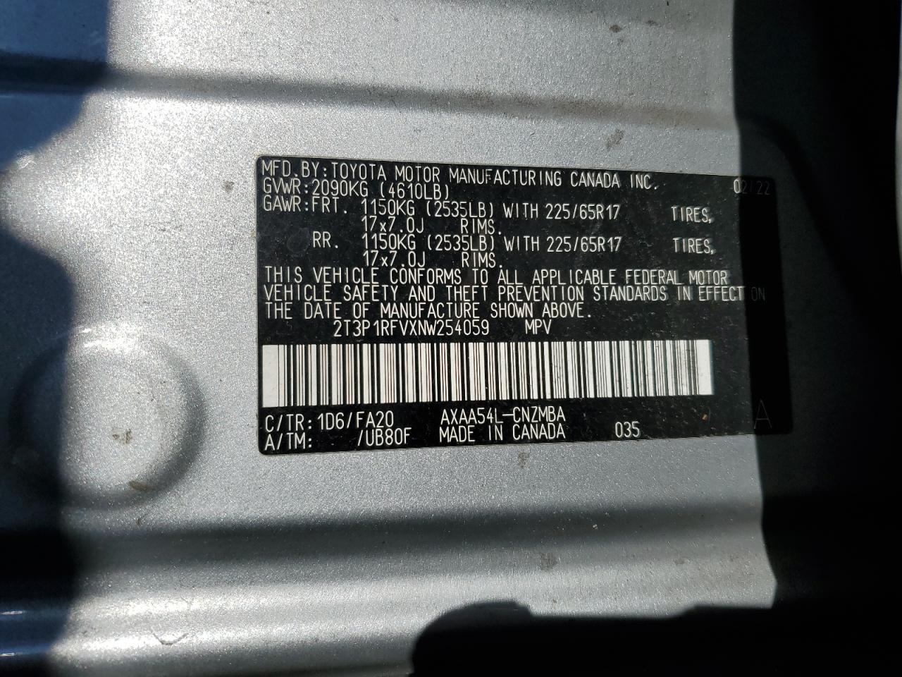 VIN 2T3P1RFVXNW254059 2022 TOYOTA RAV4 no.13