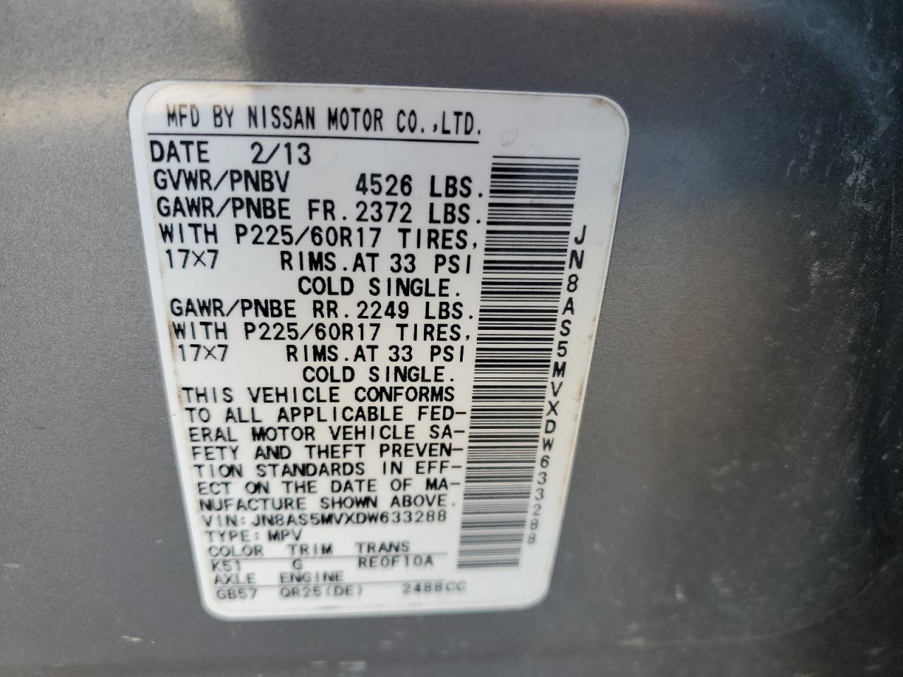 VIN JN8AS5MVXDW633288 2013 NISSAN ROGUE no.13