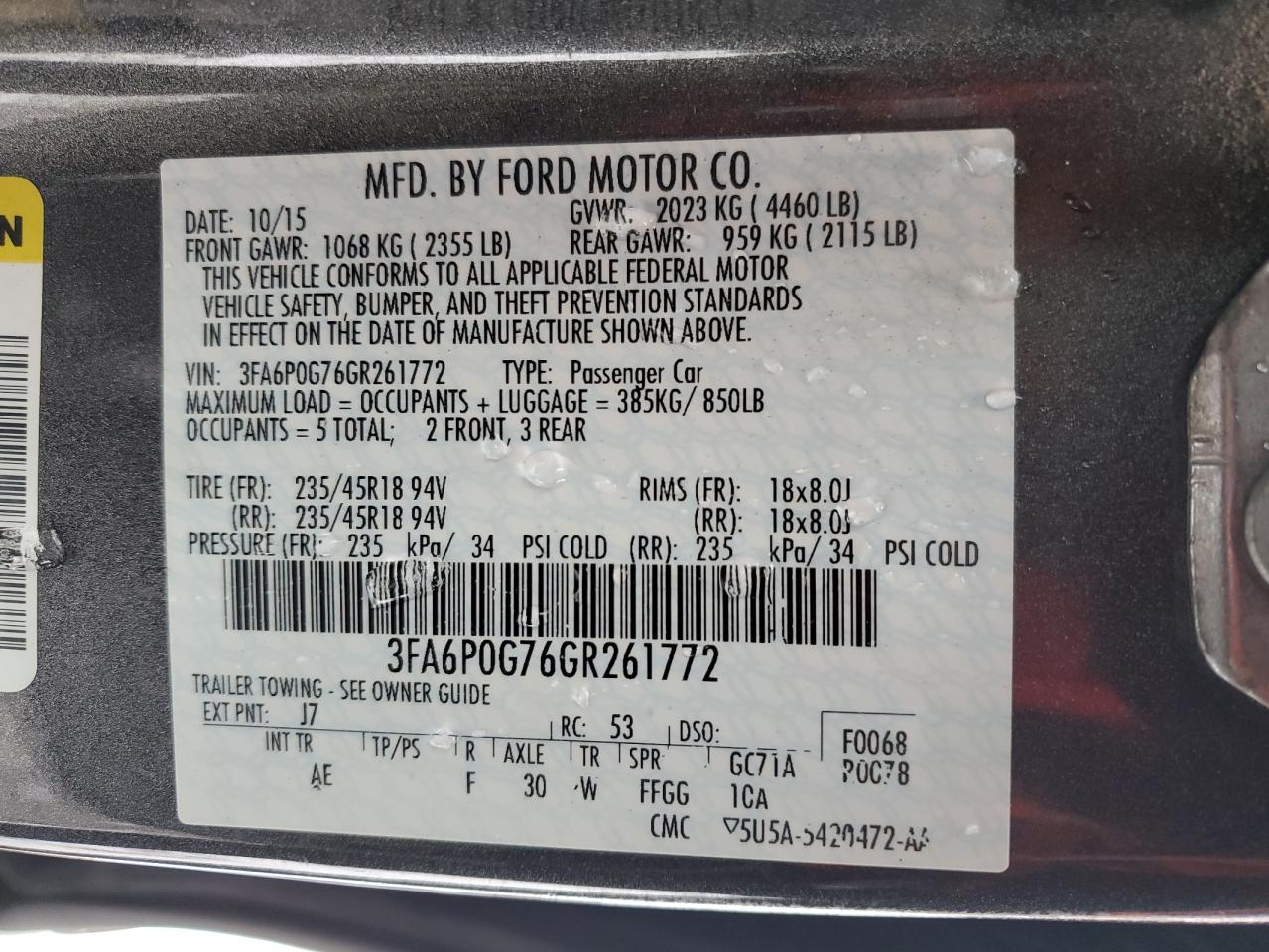 VIN 3FA6P0G76GR261772 2016 FORD FUSION no.12