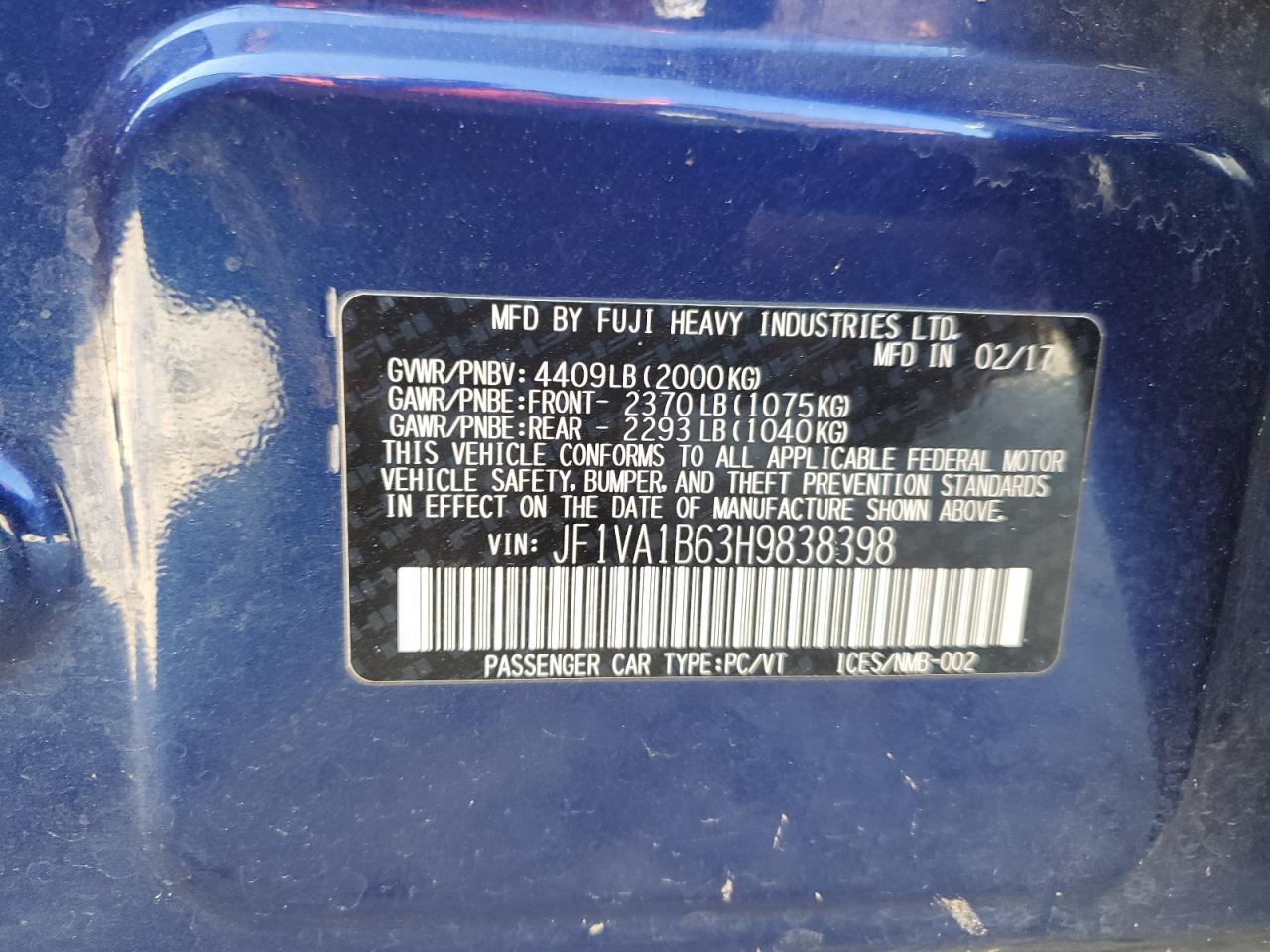 2017 Subaru Wrx VIN: JF1VA1B63H9838398 Lot: 86593944