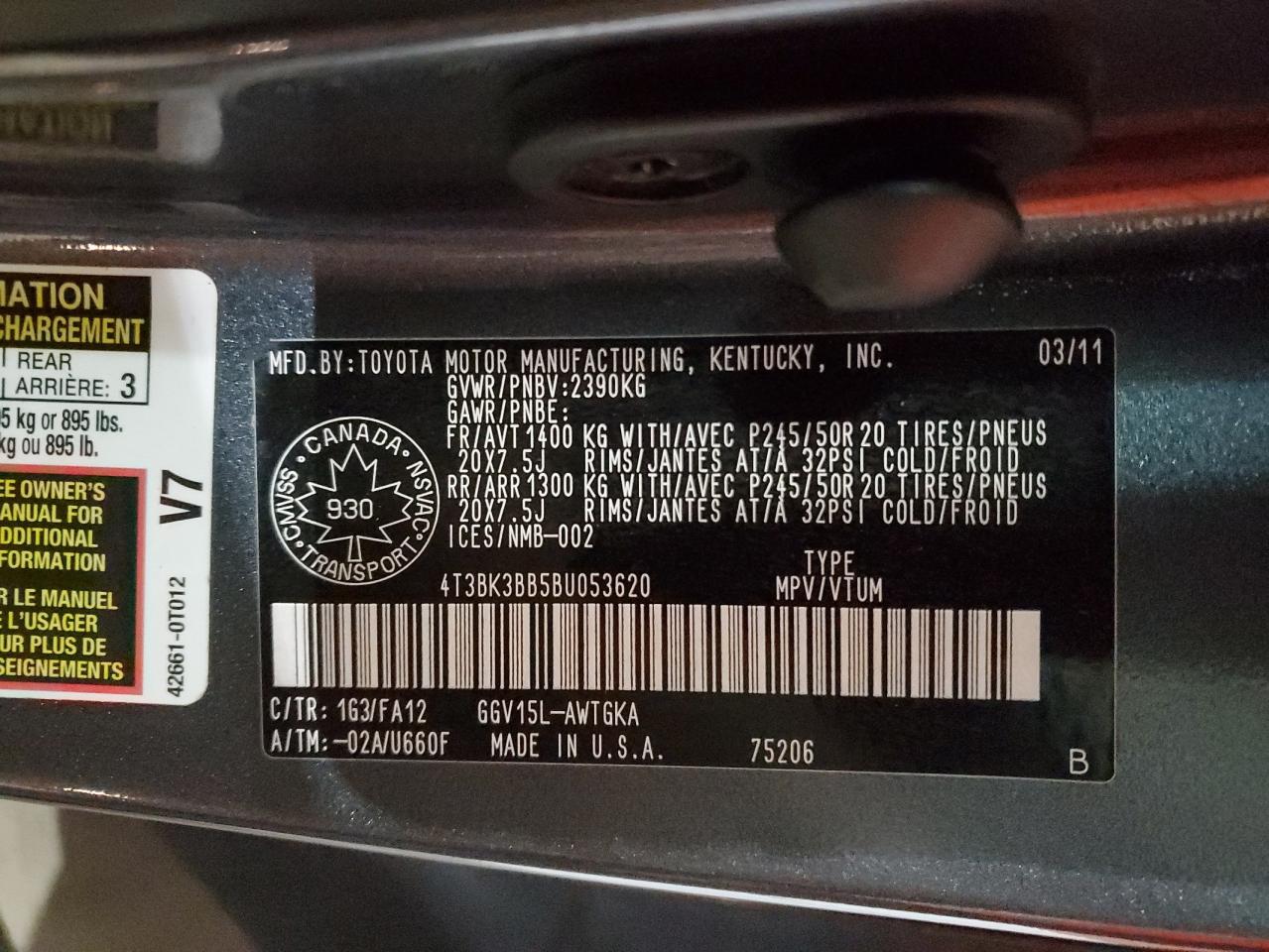 2011 Toyota Venza VIN: 4T3BK3BB5BU053620 Lot: 84615524