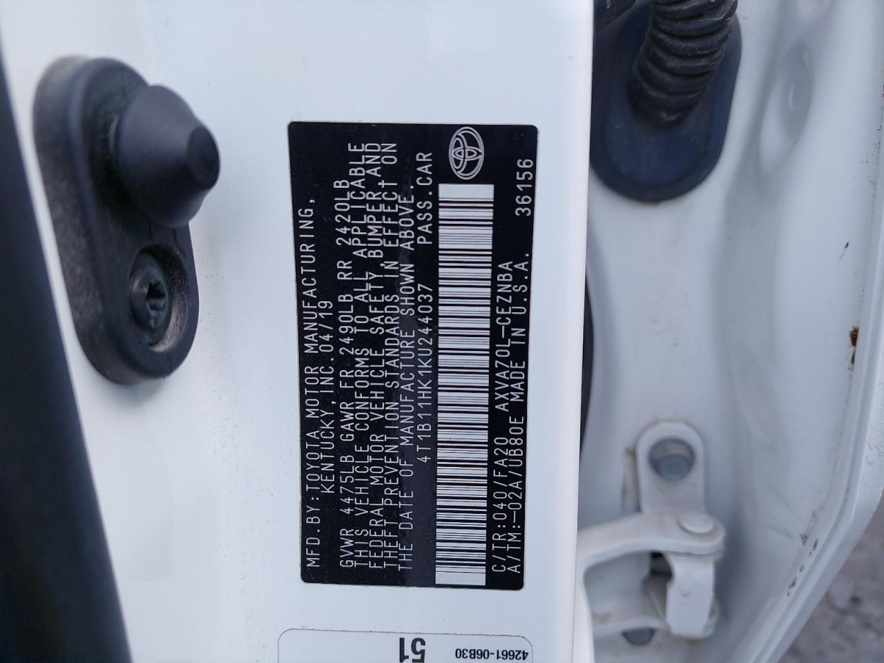 4T1B11HK1KU244037 - 2019 Toyota CAMRY - #84313254